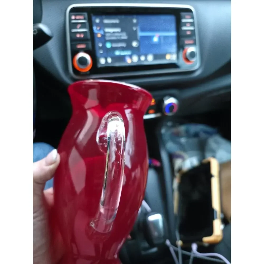 Stunning Ruby Red Hand Blown Glass Jug Pitcher Clear Applied Handle Heavy MCM